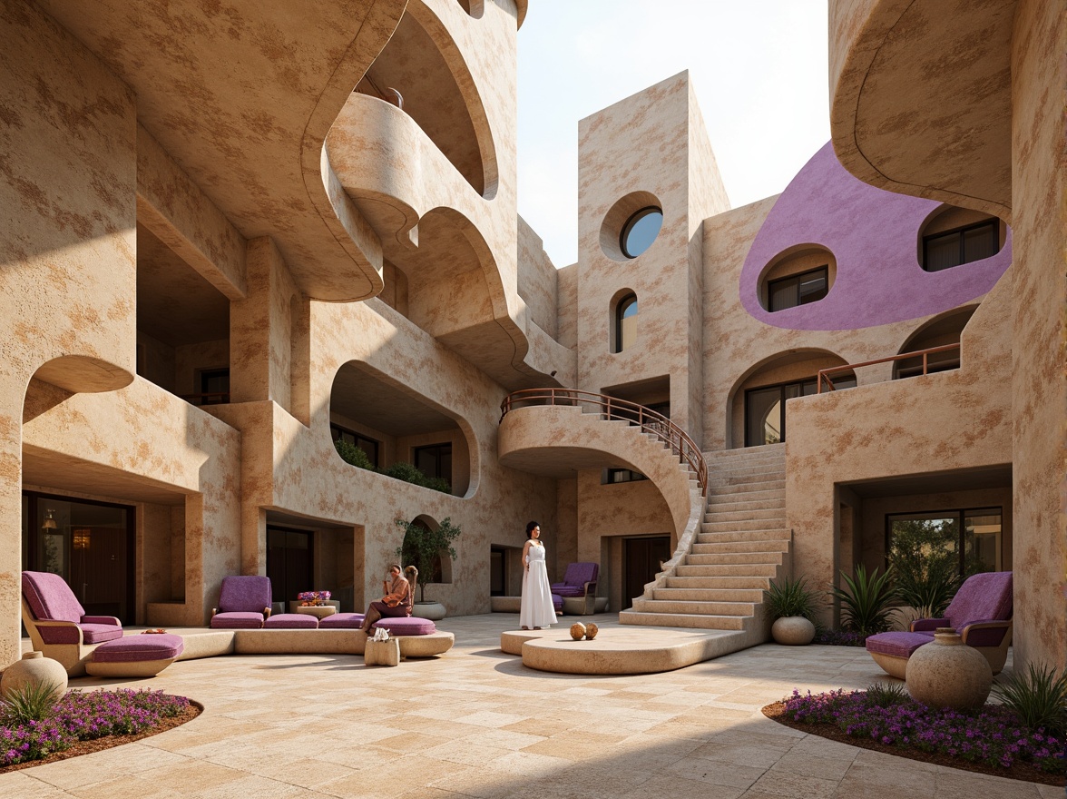 Prompt: Surreal experimental architecture, sandstone fa\u00e7ade, lilac accents, irregular shapes, futuristic curves, abstract forms, cantilevered structures, dramatic overhangs, intricate stone carvings, ornate metal details, bold color contrasts, whimsical patterns, dreamlike atmosphere, warm golden lighting, high dynamic range, shallow depth of field, 1/2 composition, cinematic view, realistic textures, ambient occlusion.