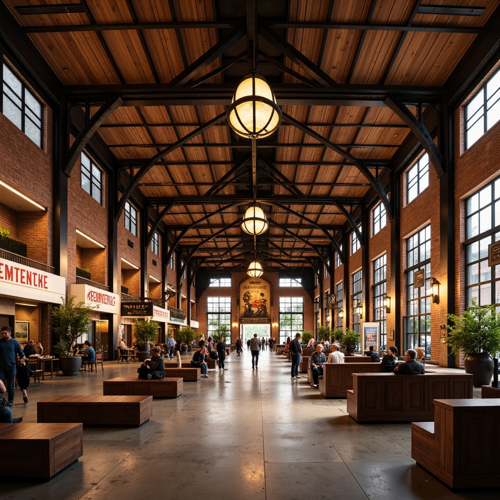 Prompt: Regional train station, rustic brick fa\u00e7ade, industrial metal beams, reclaimed wood accents, earthy tone color palette, exposed ductwork, concrete flooring, vintage luggage racks, antique clock towers, grandiose chandeliers, warm ambient lighting, cozy waiting areas, comfortable seating, natural stone walls, wooden benches, traditional signage, nostalgic advertisements, steam engine displays, classic train carriages, industrial heritage, rich textures, shallow depth of field, 2/3 composition, symmetrical framing, warm color grading.