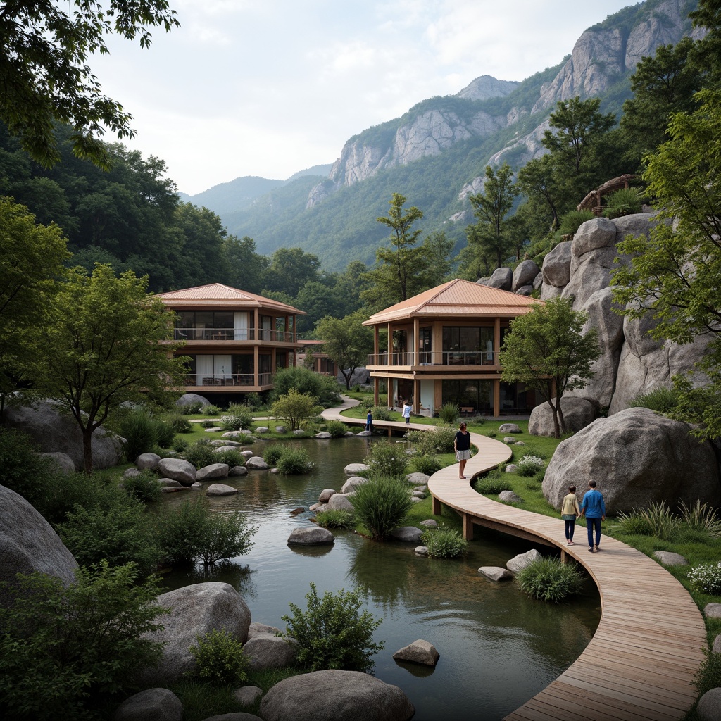 Prompt: Mountainous backdrop, lush forests, winding trails, rustic stone walls, curved wooden bridges, serene water features, natural rock formations, cantilevered buildings, modern organic architecture, large overhanging roofs, floor-to-ceiling windows, sliding glass doors, blurred indoor-outdoor boundaries, seamless transitions, soft diffused lighting, 1/2 composition, atmospheric perspective, realistic foliage, ambient occlusion.