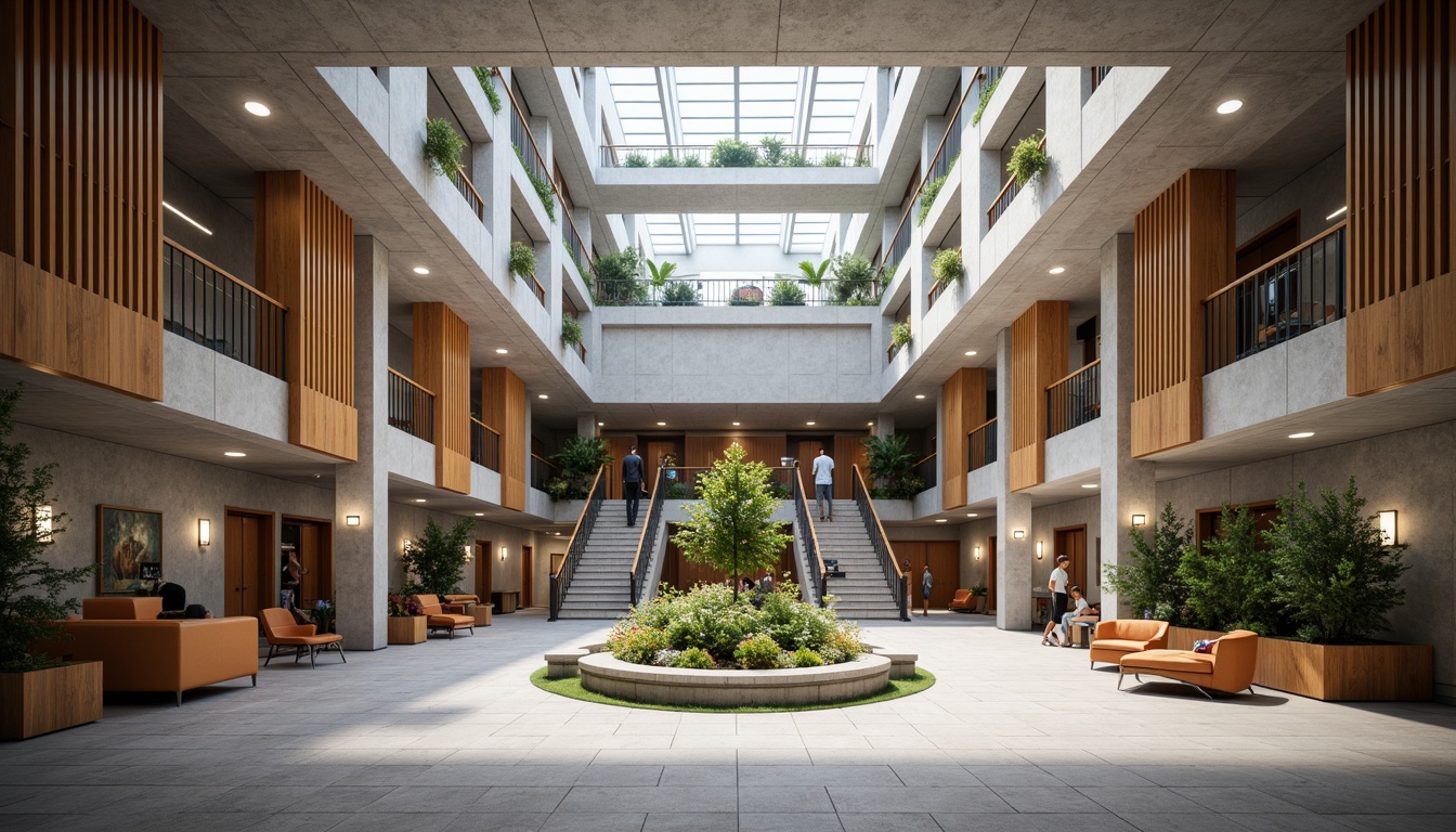 Prompt: Modern courthouse interior, open-plan layout, high ceilings, natural light, minimalist decor, industrial-style lighting fixtures, wooden accents, geometric-shaped furniture, functional simplicity, sparse ornamentation, bold color schemes, rectangular-shaped pillars, polished concrete floors, large windows, ample natural ventilation, abundant greenery, sleek metal railings, functional staircases, accessible ramps, spacious atriums, dramatic skylights, 3/4 composition, realistic textures, ambient occlusion.