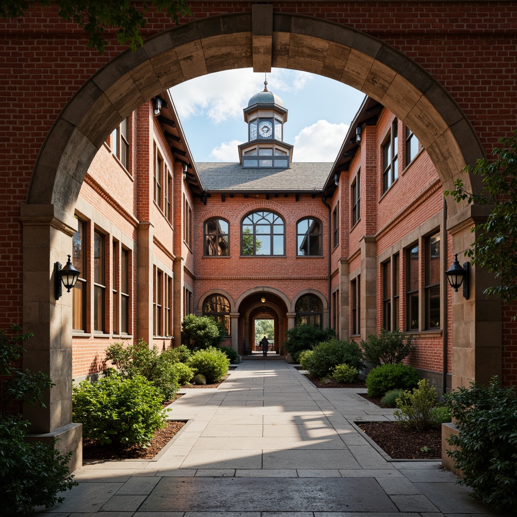 Prompt: Rustic high school building, Romanesque arches, ornate stone carvings, red brick facade, grand entrance hall, vaulted ceilings, stained glass windows, intricate moldings, decorative columns, classic clock tower, verdant courtyard, lush greenery, warm natural lighting, soft shadows, detailed textures, realistic materials, 1/1 composition, symmetrical framing, warm color palette, nostalgic atmosphere.