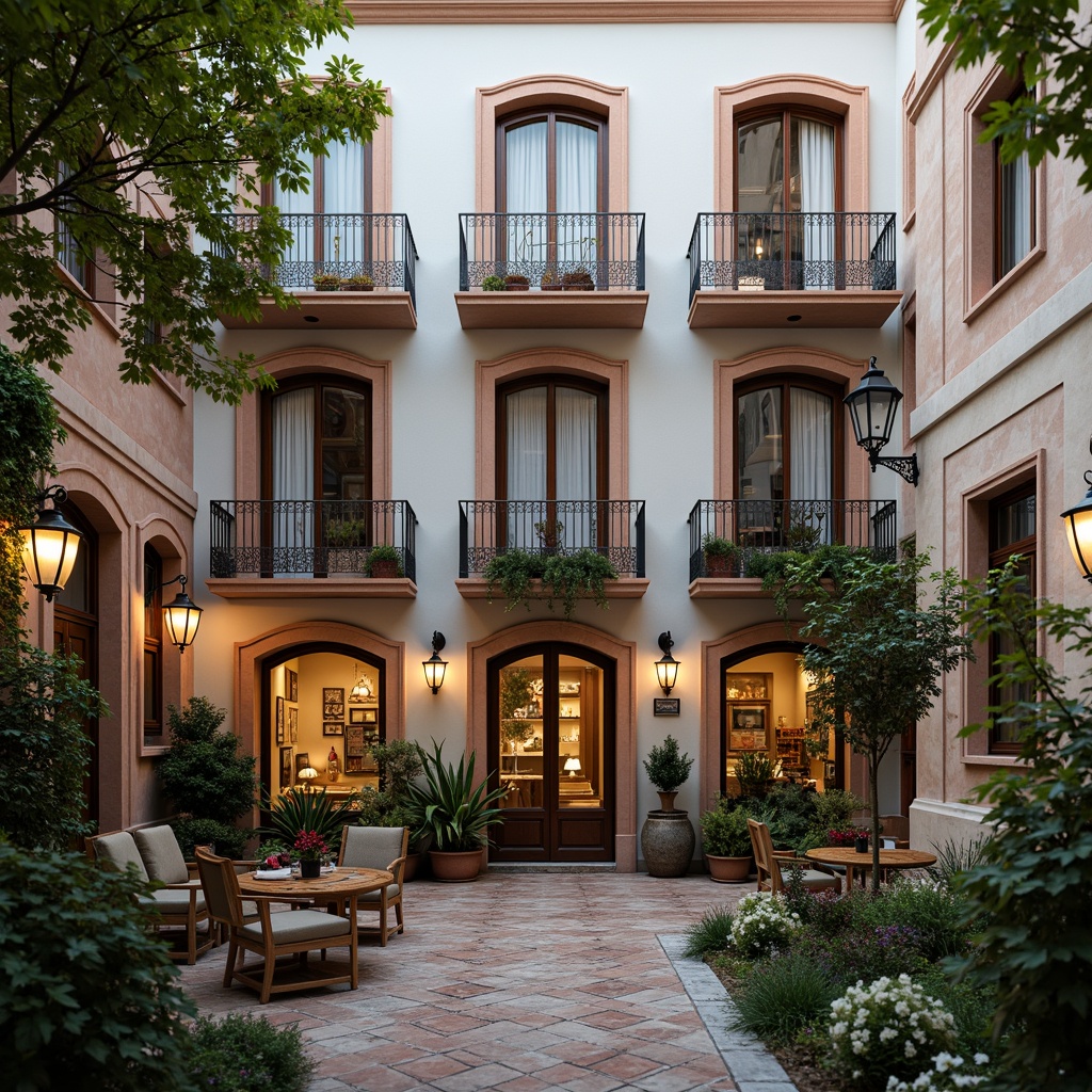 Prompt: Whimsical hostel facade, ornate balconies, delicate ironwork, soft pastel colors, vintage windows, wooden shutters, climbing vines, rustic stone walls, charming street lamps, cozy outdoor seating, lantern-style lighting, intricate stucco details, decorative tiling, romantic courtyard, lush greenery, blooming flowers, warm golden lighting, shallow depth of field, 1/2 composition, intimate atmosphere.