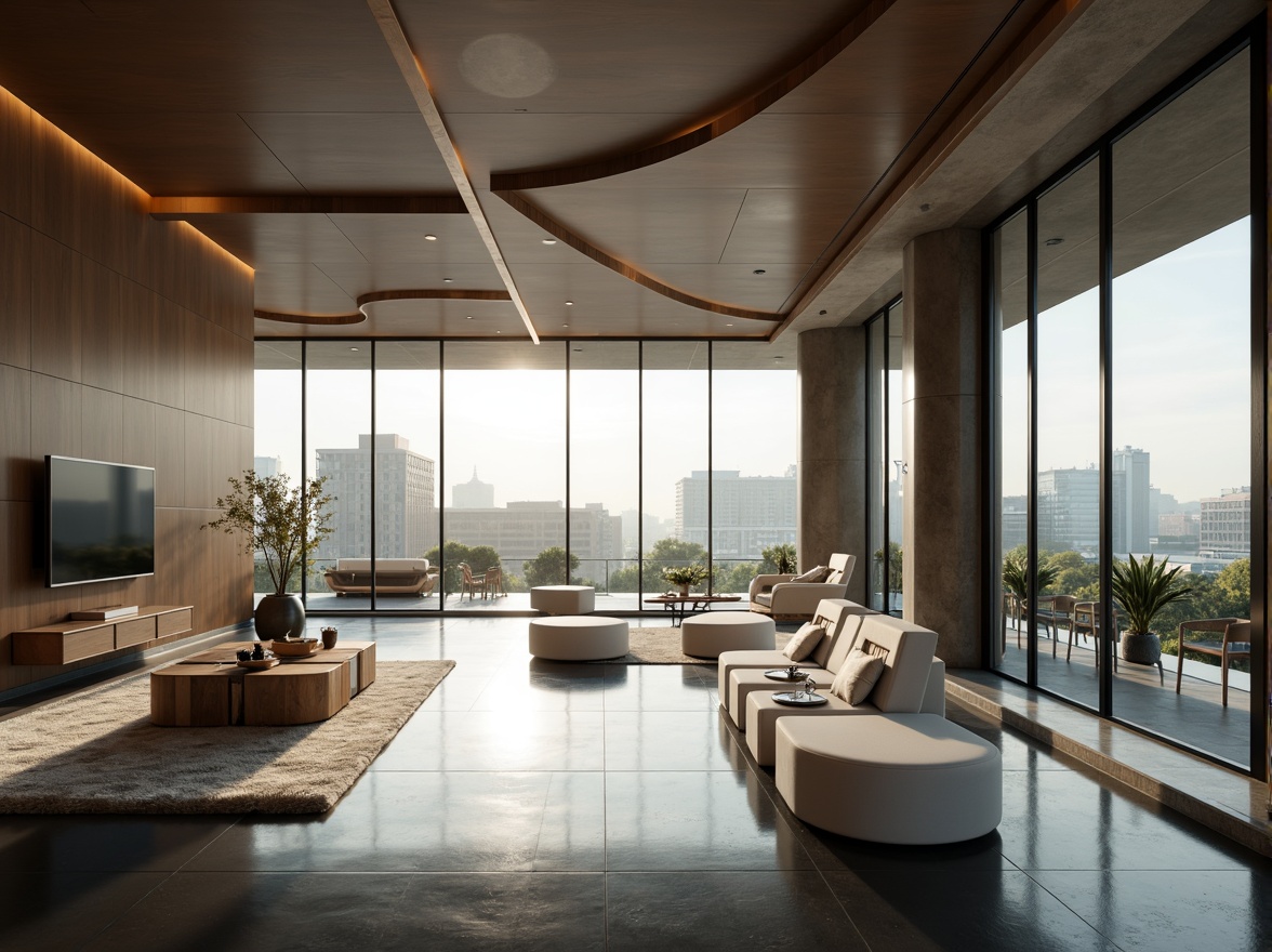 Prompt: Glossy curved lines, aerodynamic shapes, metallic materials, reflective surfaces, minimalist decor, luxurious interiors, high-ceilinged spaces, open-plan living areas, floor-to-ceiling windows, sliding glass doors, urban cityscape views, morning sunlight, soft diffused lighting, 1/1 composition, symmetrical framing, subtle gradient effects, atmospheric misting.