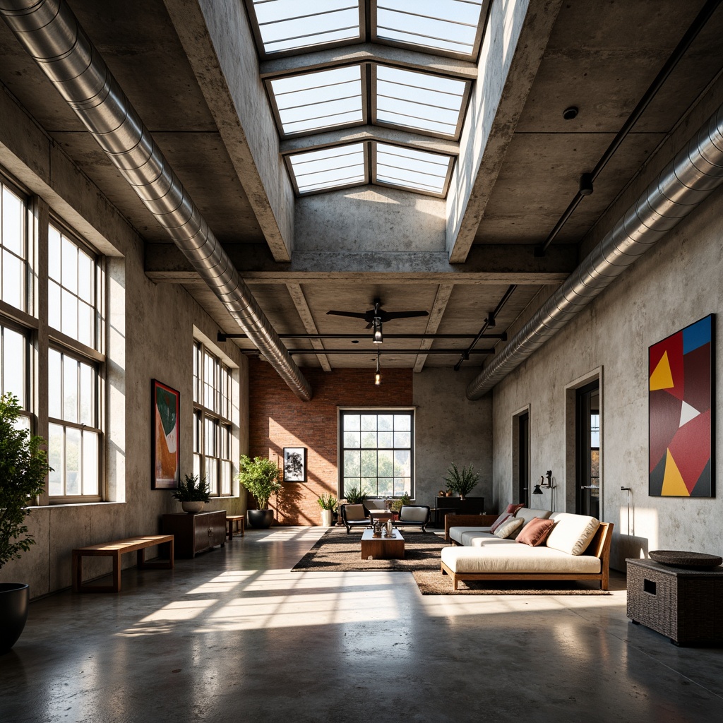 Prompt: Industrial chic interior, exposed ductwork, concrete floors, metal beams, reclaimed wood accents, geometric patterns, bold color blocks, abstract artwork, natural light pouring in, large windows, clerestory windows, skylights, soft warm glow, high contrast, dramatic shadows, 1/1 composition, symmetrical framing, minimalist decor, functional furniture, urban loft atmosphere, industrial heritage, brutalist architecture.