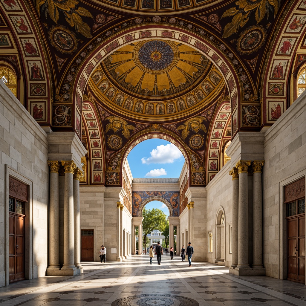 Prompt: Intricate mosaics, golden domes, ornate frescoes, richly patterned textiles, lavish marble floors, ornamental archways, grandiose entrance doors, imposing stone columns, vibrant blue skies, warm sunlight filtering, dramatic shadows, high contrast lighting, 1/1 composition, symmetrical framing, realistic reflections, detailed normal maps.