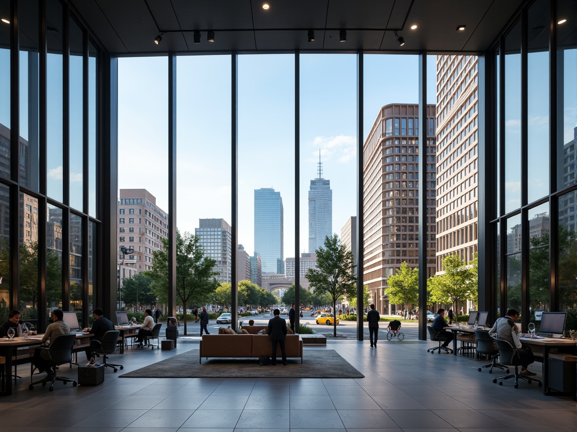 Prompt: Modern office building, international style, sleek metal frames, floor-to-ceiling glass windows, minimalist decor, open floor plan, collaborative workspaces, ergonomic furniture, natural light, airy atmosphere, urban cityscape views, busy streets, skyscrapers, blue sky, soft warm lighting, shallow depth of field, 3/4 composition, panoramic view, realistic textures, ambient occlusion.