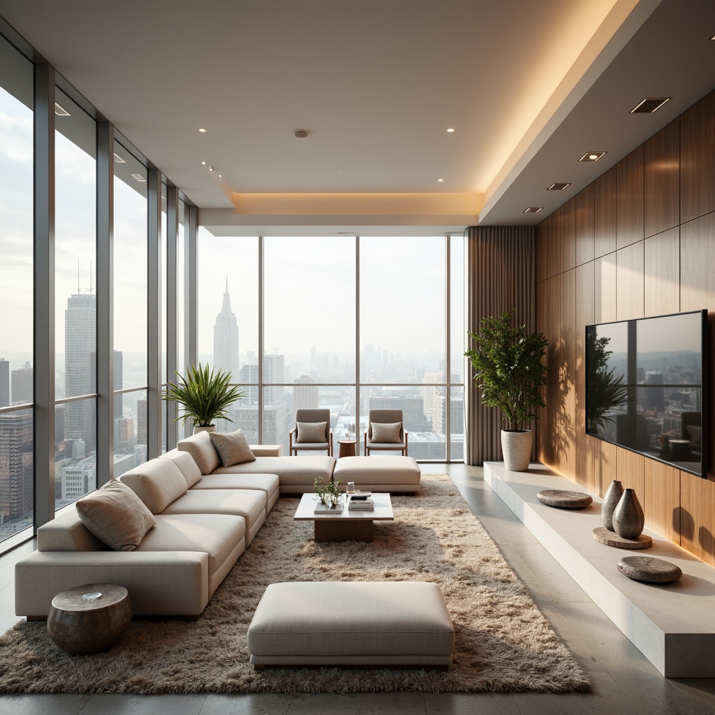 Prompt: Luxurious penthouse, modern minimalist aesthetic, neutral color palette, creamy whites, soft grays, taupe accents, rich wood tones, metallic silver highlights, floor-to-ceiling windows, breathtaking city views, sleek low-profile furniture, plush area rugs, ambient warm lighting, shallow depth of field, 2/3 composition, realistic textures, subtle gradient effects.