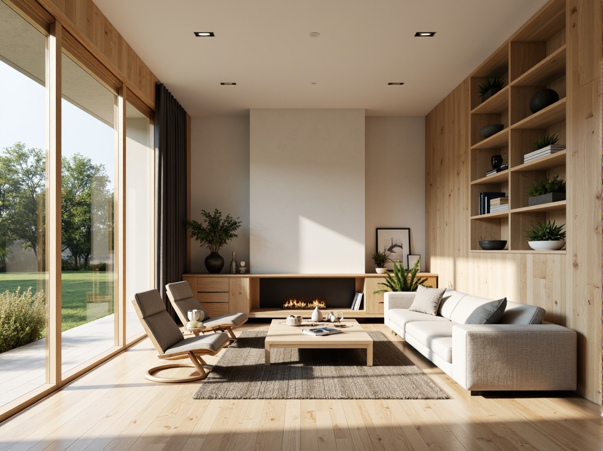 Prompt: Minimalist living room, natural wood flooring, simple furniture, monochromatic color scheme, ample daylight, floor-to-ceiling windows, sliding glass doors, cozy reading nook, built-in shelves, concealed storage, clutter-free environment, calming atmosphere, soft warm lighting, 1/1 composition, shallow depth of field, realistic textures, ambient occlusion.