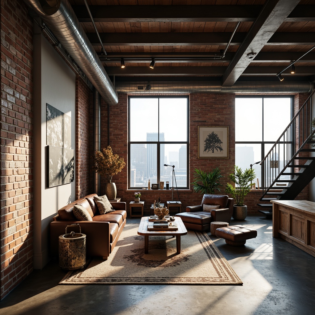 Prompt: Industrial-chic loft, exposed brick walls, polished concrete floors, steel beams, reclaimed wood accents, minimalist decor, open floor plan, high ceilings, large windows, natural light pouring in, urban landscape views, eclectic furniture arrangement, abstract artwork, industrial-style lighting fixtures, metal staircase, distressed leather sofas, vintage rugs, ornate metallic details, rich textiles, warm atmospheric lighting, shallow depth of field, 1/2 composition, cinematic perspective.