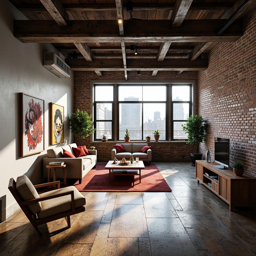 Prompt: Industrial chic loft, exposed brick walls, metal beams, reclaimed wood floors, minimalist decor, abundant natural light, airy atmosphere, open concept living, functional zones, eclectic furniture mix, bold color accents, avant-garde artwork, oversized windows, cityscape views, urban landscape, gritty concrete textures, dramatic shadows, low-key lighting, shallow depth of field, 2/3 composition, cinematic angles, atmospheric rendering.