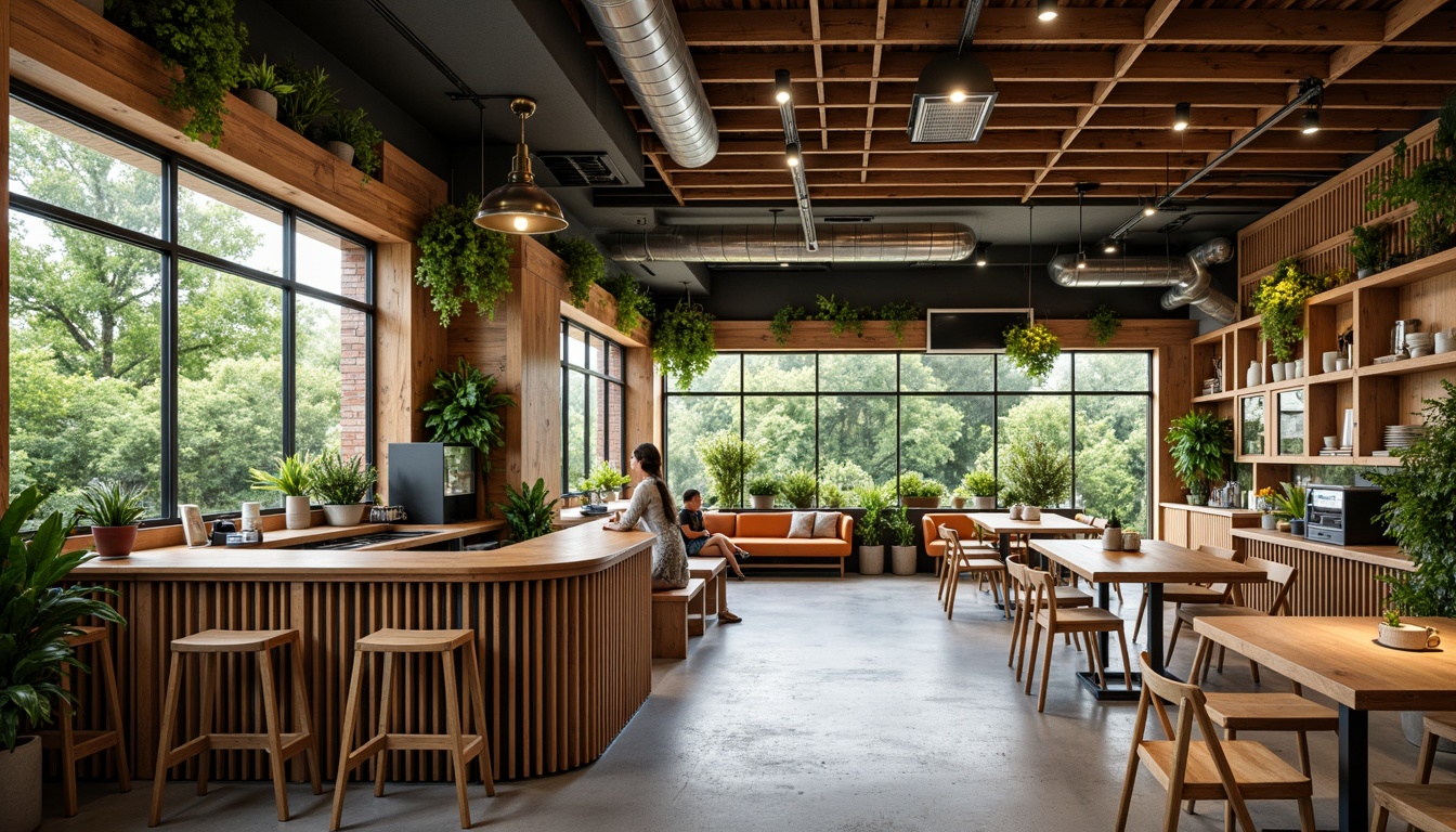 Prompt: Vibrant coffee shop interior, reclaimed wood accents, living green walls, recycled metal beams, eco-friendly countertops, energy-efficient lighting, compostable cups, natural stone flooring, minimalist decor, industrial-chic aesthetic, abundant natural light, airy open space, communal seating areas, aromatic coffee scents, warm cozy atmosphere, shallow depth of field, 1/2 composition, soft warm lighting, realistic textures, ambient occlusion.