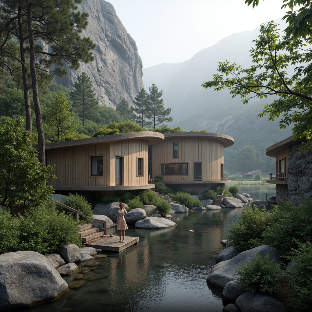 Prompt: Riverbank architecture, curvaceous building design, harmonious integration with natural surroundings, lush green vegetation, serene waterfront views, rustic stone walls, wooden dock structures, tranquil atmosphere, soft morning light, misty fog effects, 1/2 composition, gentle water reflections, realistic rock textures, ambient occlusion.