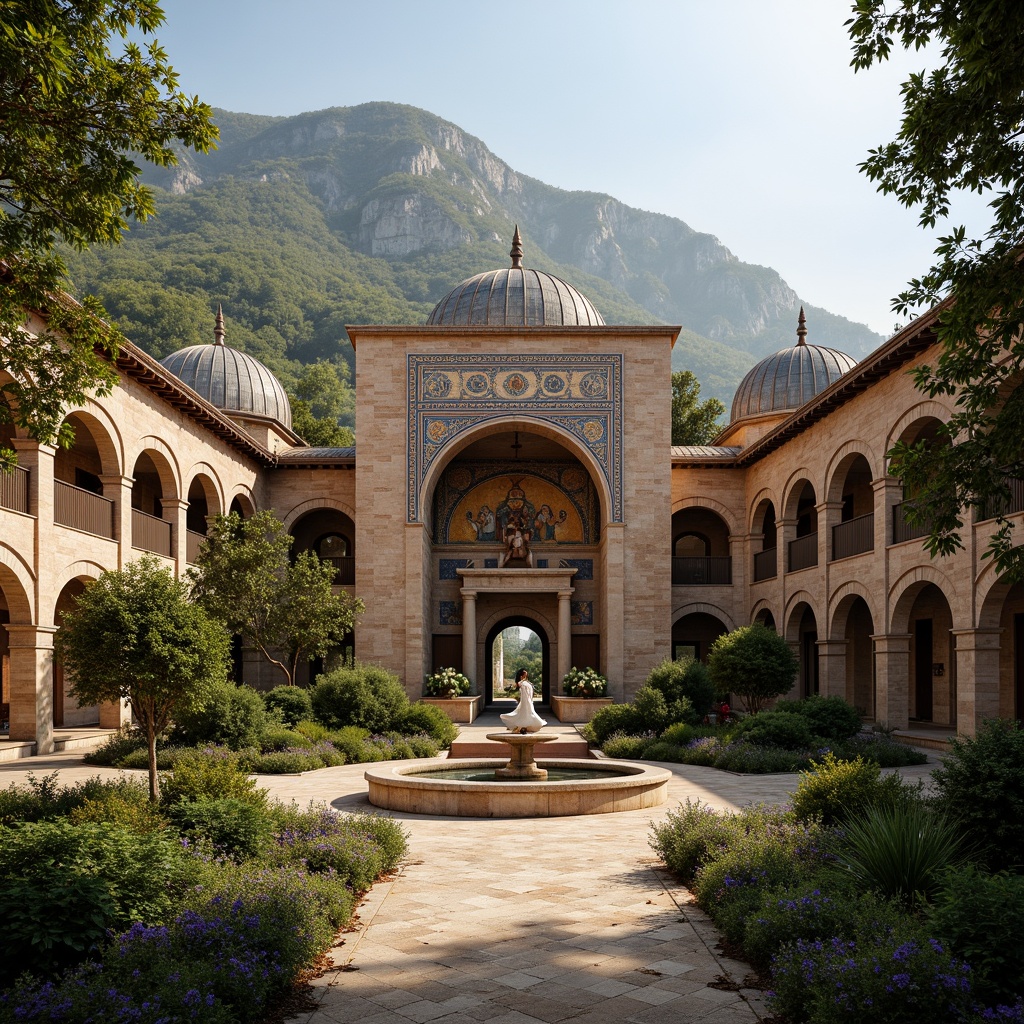 Prompt: Majestic Byzantine monastery, lush Mediterranean gardens, intricately patterned mosaics, grandiose domes, ornate stone carvings, vibrant frescoes, secluded courtyards, tranquil water features, rustic stone pathways, weathered brick walls, majestic mountainous backdrop, warm golden lighting, soft atmospheric effects, 1/1 composition, symmetrical framing, highly detailed textures, subtle ambient occlusion.