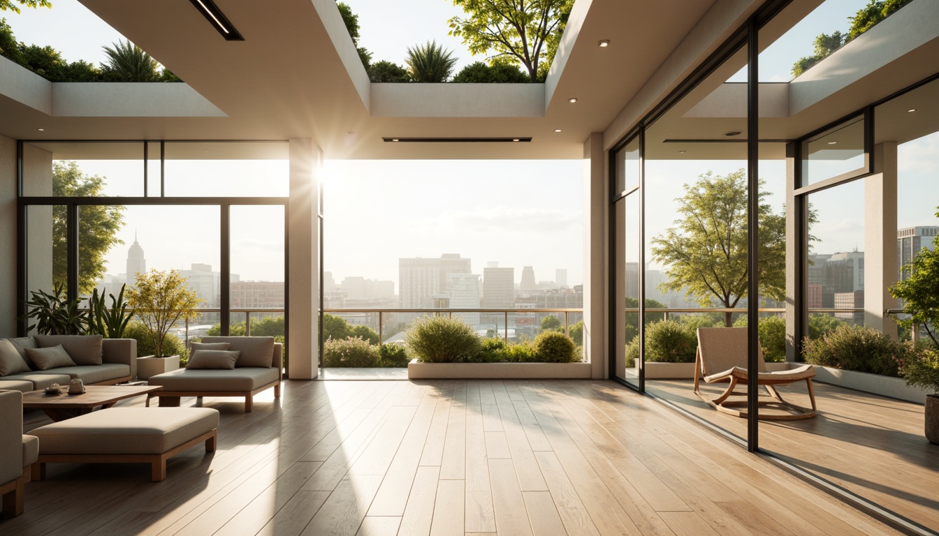 Prompt: Spacious open-plan living area, floor-to-ceiling windows, sliding glass doors, minimalist interior design, cream-colored walls, polished wooden floors, greenery-filled balconies, urban cityscape views, sunny morning light, soft warm glow, shallow depth of field, 1/1 composition, panoramic view, realistic textures, ambient occlusion, clerestory windows, skylights, reflective surfaces, indirect lighting, LED light strips, energy-efficient solutions.