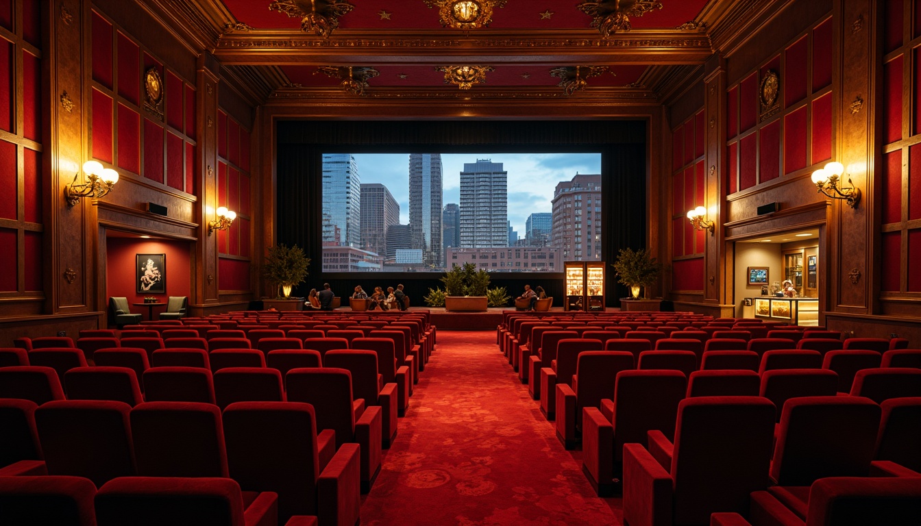 Prompt: Rich cinema interior, luxurious velvet seats, golden accents, ornate details, crimson red carpet, dark wood paneling, soft warm lighting, cinematic ambiance, popcorn stands, concession areas, comfortable lounge chairs, urban cityscape views, evening atmosphere, low-key lighting, shallow depth of field, 1/1 composition, realistic textures, ambient occlusion.