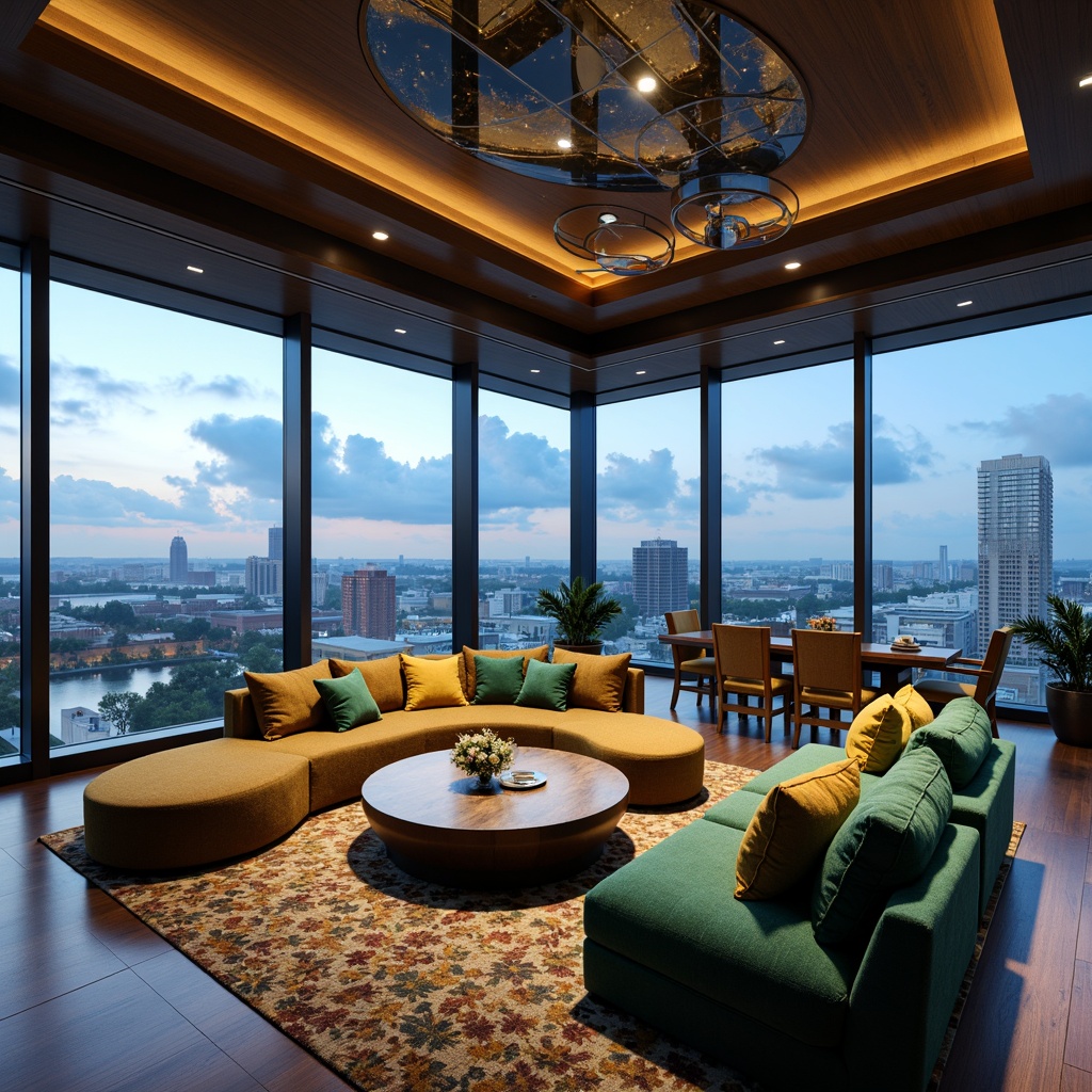 Prompt: Luxurious penthouse, sleek modern architecture, floor-to-ceiling windows, panoramic city views, lavish furnishings, rich wood accents, metallic sheen, bold geometric patterns, opulent textiles, jewel-toned color scheme, deep blues, emerald greens, golden yellows, creamy whites, warm ambient lighting, subtle gradient effects, refined minimalist decor, sophisticated urban oasis.