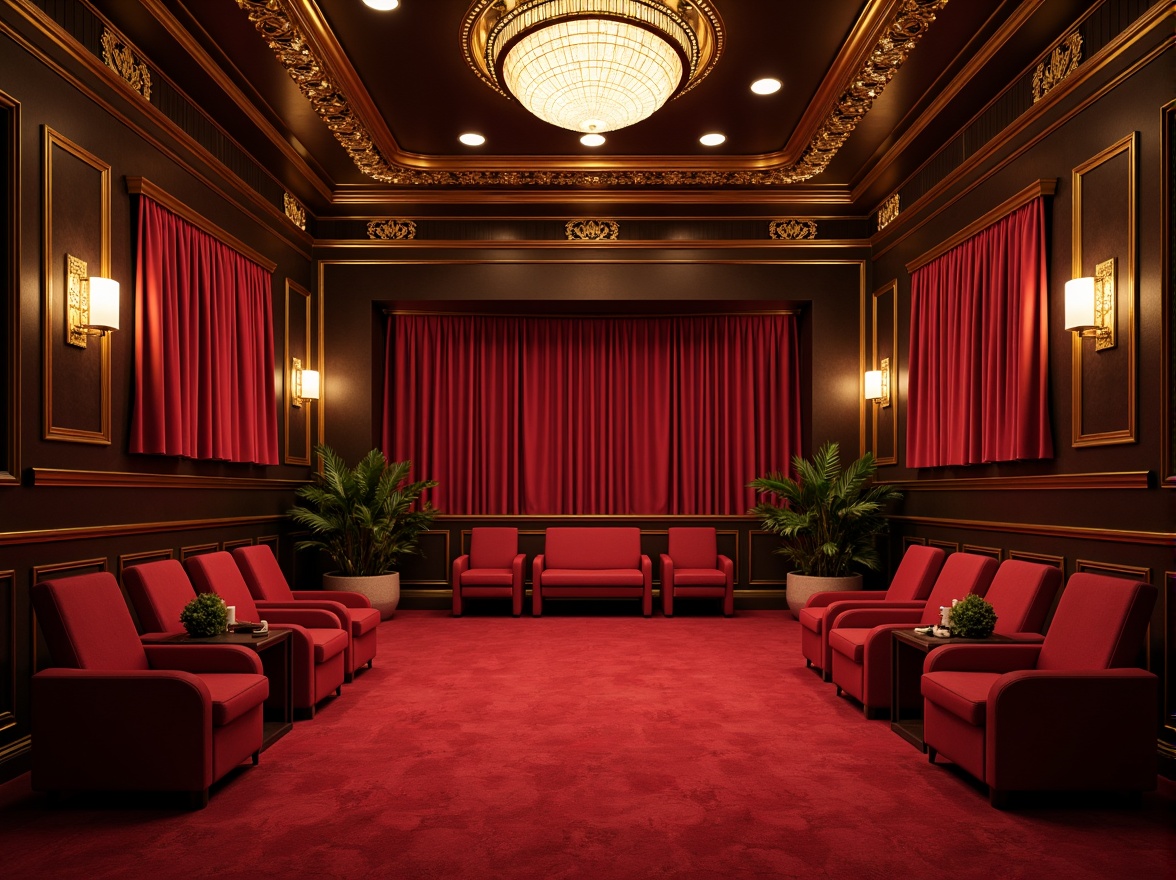 Prompt: Vibrant cinema interior, luxurious red carpet, gold accents, dark wood paneling, comfortable seating, cinematic lighting, rich velvet curtains, ornate details, grand chandelier, opulent atmosphere, warm color tones, softbox lighting, 3/4 composition, shallow depth of field, cinematic lens blur, film-inspired textures, nostalgic ambiance.