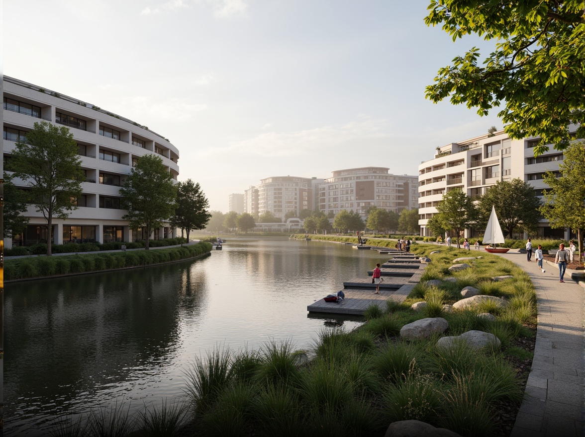 Prompt: Riverbank architecture, curvaceous building design, harmonious with natural surroundings, lush greenery, tranquil water features, walking paths, seating areas, wooden docks, sailboats, kayaks, misty morning atmosphere, soft warm lighting, shallow depth of field, 1/1 composition, panoramic view, realistic textures, ambient occlusion.