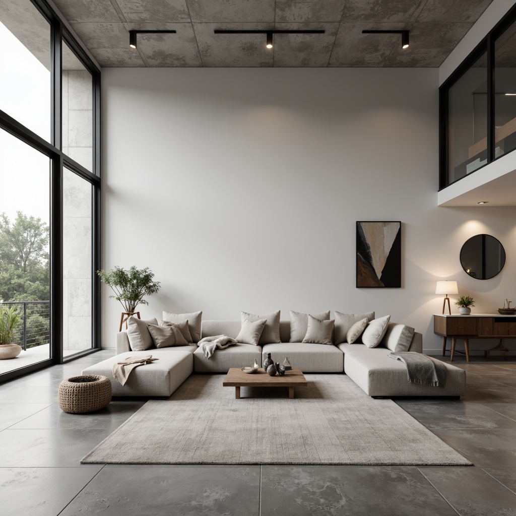 Prompt: Minimalist living room, empty space, monochromatic color scheme, sleek low-profile furniture, polished concrete floors, floor-to-ceiling windows, natural light, subtle textures, hidden storage compartments, multi-functional decor, industrial chic accents, geometric patterns, soft warm lighting, shallow depth of field, 1/1 composition, realistic materials, ambient occlusion.