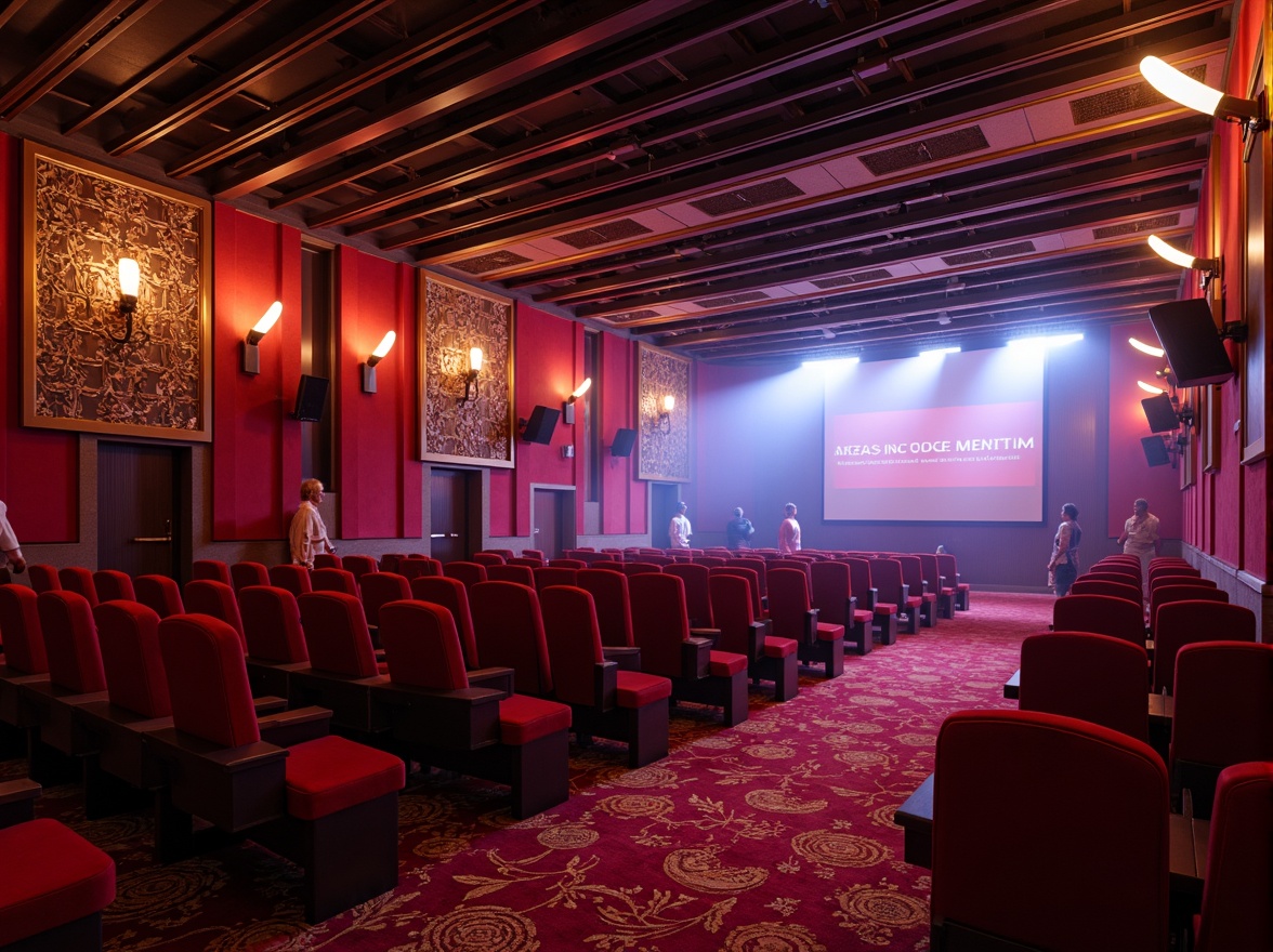 Prompt: Vibrant cinema interior, rich red velvet seats, ornate golden details, dimmable warm lighting, cinematic screens, surround sound systems, luxurious carpeted floors, modern minimalist architecture, sleek metal accents, bold graphic patterns, futuristic neon signs, urban cityscape backdrop, misty evening atmosphere, shallow depth of field, 1/2 composition, cinematic camera angles, dramatic spotlighting, atmospheric fog effects.