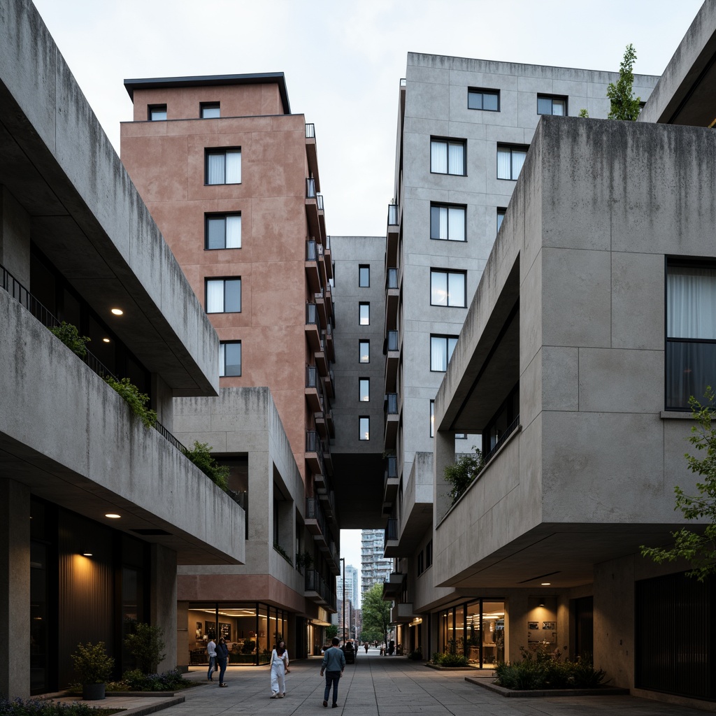 Prompt: Monumental buildings, brutalist structures, geometric forms, angular volumes, cantilevered roofs, dramatic shading, abstract patterns, bold color schemes, industrial materials, exposed ductwork, minimalist interiors, functional simplicity, urban context, cityscape backdrop, cloudy overcast sky, soft diffuse lighting, shallow depth of field, 2/3 composition, symmetrical framing, atmospheric perspective, subtle texture overlays.