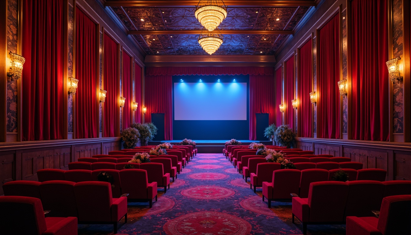 Prompt: Vibrant cinema interior, rich red velvet curtains, golden accents, luxurious seating, ornate details, dramatic lighting, deep blues and purples, metallic silver trim, high-contrast colors, cinematic atmosphere, intimate setting, warm ambiance, cozy corners, plush carpets, elegant chandeliers, subtle textures, soft focus, shallow depth of field, 1/2 composition, cinematic lens flares.