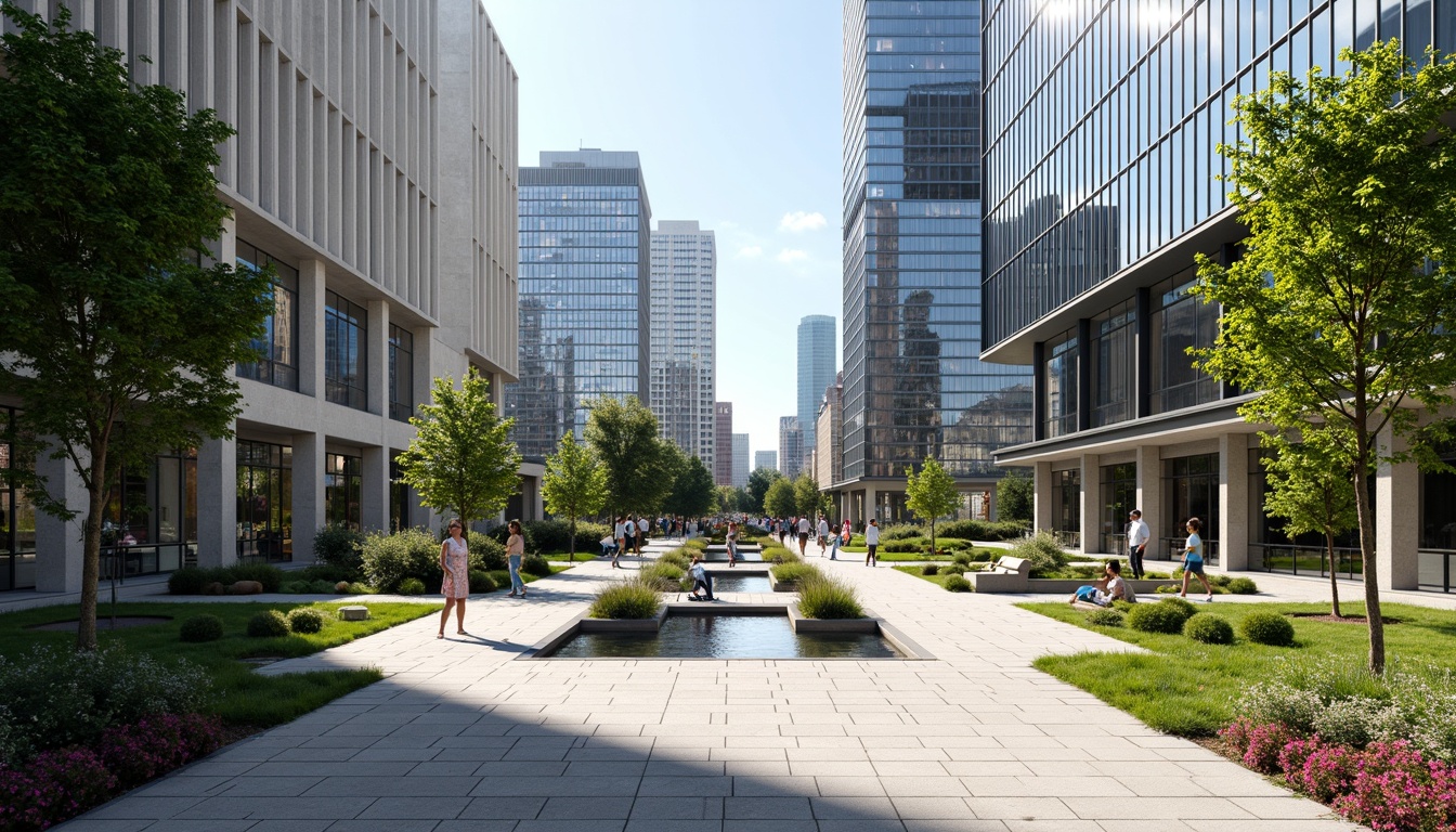 Prompt: Modern office plaza, sleek glass facades, minimalist landscaping, manicured lawns, geometric flower beds, ornamental trees, contemporary sculptures, angular water features, shallow reflecting pools, natural stone pavements, clean lines, urban oasis, busy city surroundings, morning sunlight, soft shadows, 1/1 composition, symmetrical framing, high contrast colors, realistic rendering.