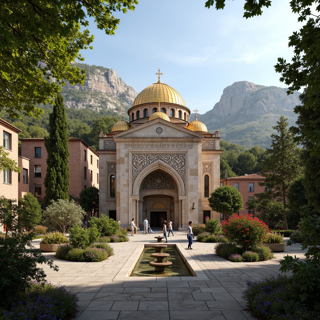 Prompt: Ancient Byzantine church, intricately carved stone fa\u00e7ade, golden domes, ornate mosaics, lush greenery, blooming flowers, serene courtyards, tranquil fountains, meandering pathways, rustic stone walls, scenic hillside views, Mediterranean climate, warm sunlight, soft shadows, atmospheric perspective, 1/1 composition, symmetrical framing, realistic textures, ambient occlusion.