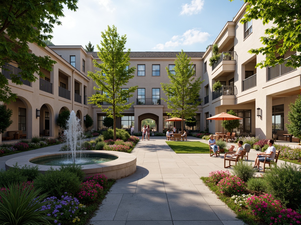 Prompt: Serene community center courtyard, lush greenery, vibrant flowers, elegant fountains, classic stone columns, ornate balustrades, grand entrance archways, symmetrical building facades, harmonious proportions, soft warm lighting, shallow depth of field, 3/4 composition, panoramic view, realistic textures, ambient occlusion, natural stone pathways, decorative street lamps, beautiful landscaping, tranquil atmosphere, community gathering spaces, recreational facilities, walking trails, picnic areas, children's playgrounds, vibrant outdoor furniture, intricate ironwork details.