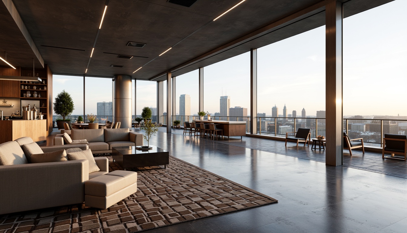 Prompt: Minimalist penthouse interior, open floor plan, floor-to-ceiling windows, panoramic city views, sleek modern furniture, low-profile sofas, geometric-patterned rugs, industrial-chic lighting fixtures, polished concrete floors, exposed ductwork, minimalist kitchen islands, high-gloss cabinetry, stainless steel appliances, urban skyline backdrop, warm natural light, soft shadows, shallow depth of field, 2/3 composition, realistic textures, ambient occlusion.