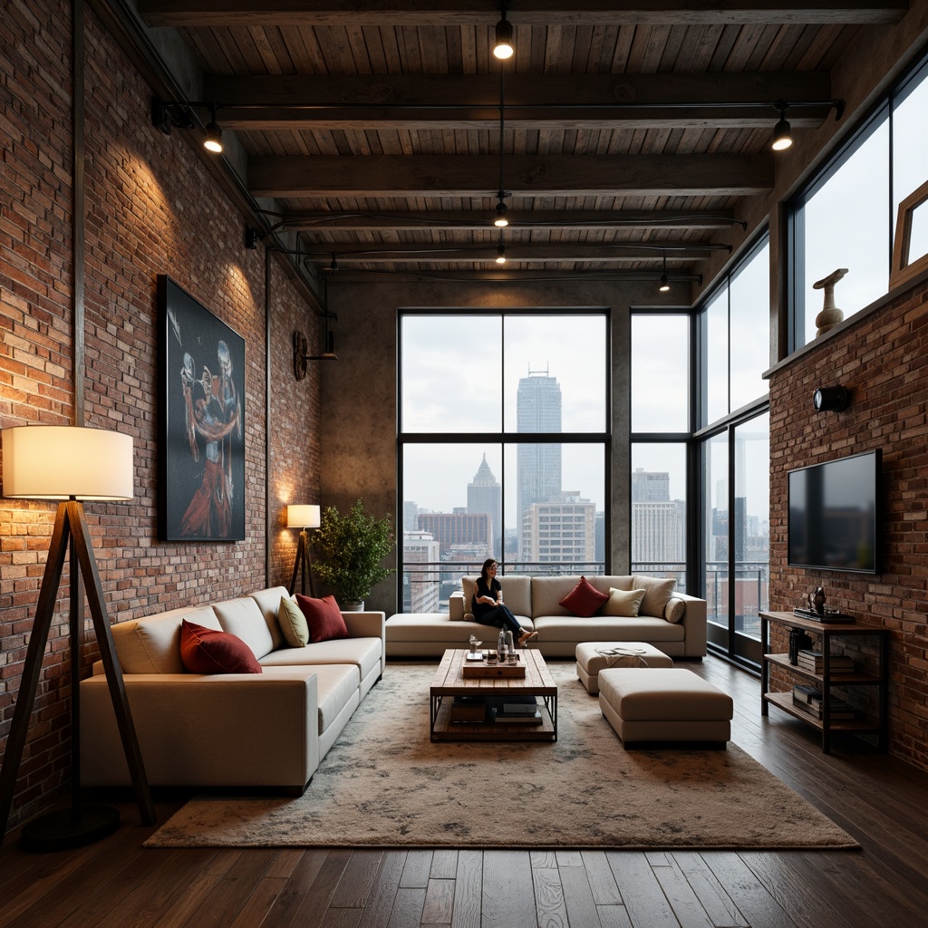 Prompt: Exposed brick walls, reclaimed wood floors, industrial metal beams, minimalist decor, eclectic artwork, abstract sculptures, natural stone accents, urban cityscape views, floor-to-ceiling windows, modern track lighting, open floor plans, functional zones, cozy reading nooks, plush area rugs, comfortable sectional sofas, rustic wooden coffee tables, modern pendant lamps, brutalist concrete columns, distressed wood shelving, ornate metal railings, atmospheric misty lighting, 1/1 composition, shallow depth of field, cinematic framing.