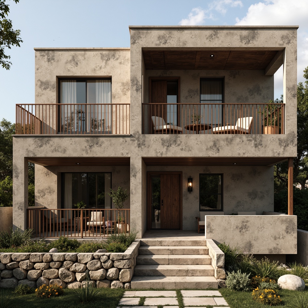 Prompt: Rugged villa exterior, brutalist concrete walls, rough-hewn stone accents, rusty metal railings, weathered wood doors, industrial-style windows, minimalist ornamentation, earthy color palette, natural material textures, organic forms, geometric patterns, dramatic shadows, low-key lighting, shallow depth of field, 2/3 composition, atmospheric perspective, cinematic mood.