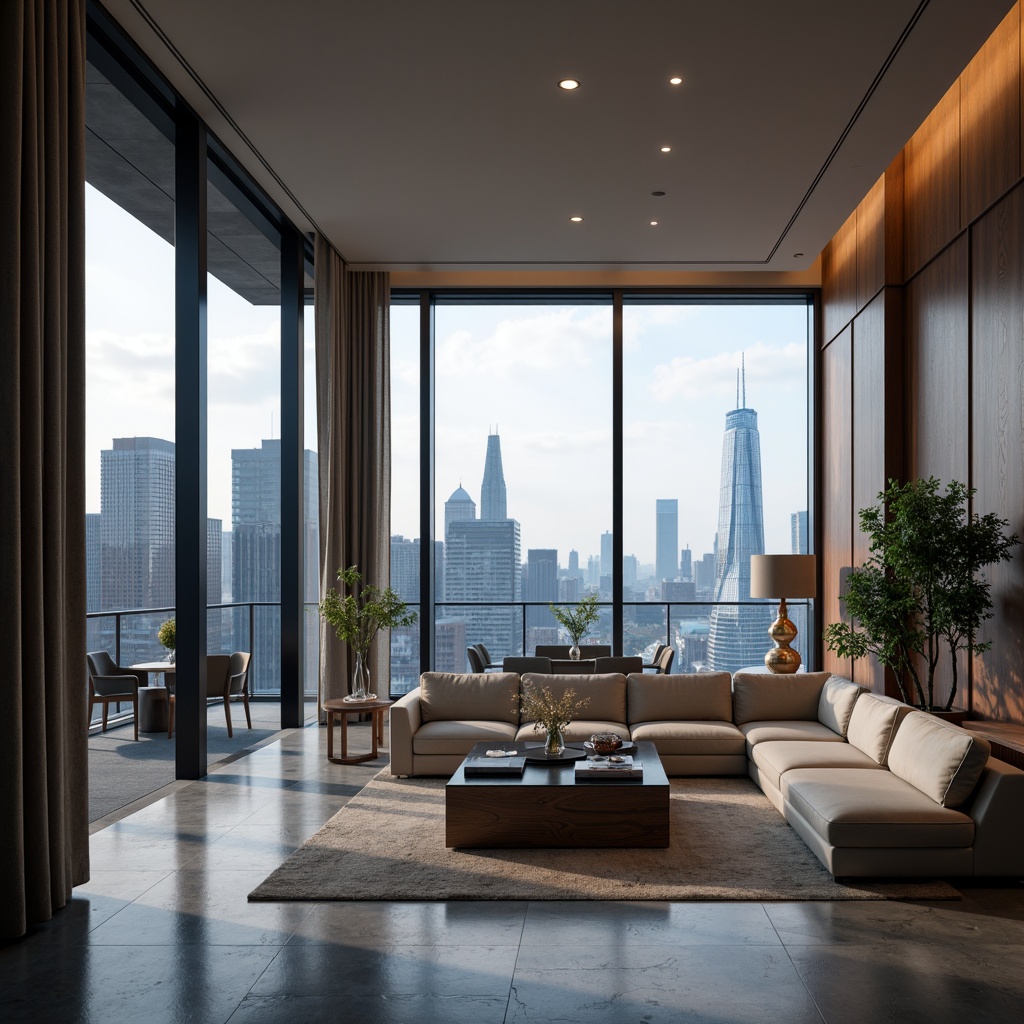 Prompt: Luxurious penthouse, sleek modern architecture, floor-to-ceiling windows, panoramic city views, lavish furnishings, rich wood accents, sophisticated neutrals, creamy whites, deep blues, metallic silvers, velvety blacks, opulent golds, ambient warm lighting, dramatic shadows, 1/1 composition, shallow depth of field, realistic textures, soft focus blur.