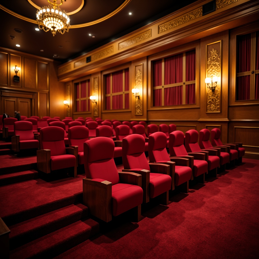 Prompt: Vibrant cinema interior, luxurious velvet seats, golden metal accents, rich wood paneling, soft dimmed lighting, deep crimson red carpet, elegant curved lines, ornate decorations, sophisticated color scheme, bold contrasting hues, dramatic shadows, cinematic atmosphere, high-contrast ratio, warm golden lighting, 1/1 composition, shallow depth of field, realistic textures.