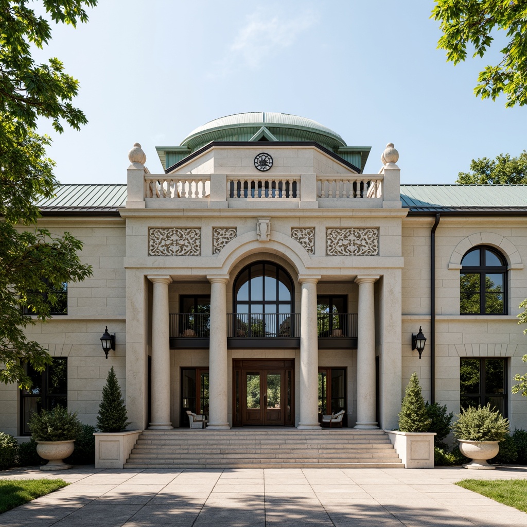 Prompt: Elegant community center, grand entrance gates, ornate columns, symmetrical fa\u00e7ade, arched windows, rusticated stone walls, copper roofing, intricate carvings, ornamental balustrades, classical pediments, limestone cladding, neutral color palette, soft natural lighting, shallow depth of field, 1/1 composition, frontal view, realistic textures, ambient occlusion.