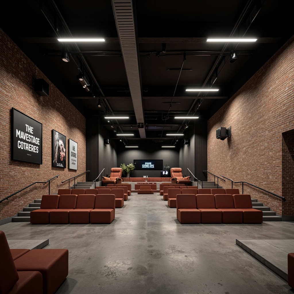 Prompt: Minimalist cinema interior, industrial-chic aesthetic, exposed brick walls, polished concrete floors, geometric-shaped seating, sleek metal railings, functional lighting fixtures, minimalist decor, bold typography signage, neutral color palette, open-plan layout, flexible seating arrangements, adaptable acoustic panels, state-of-the-art sound systems, intimate screening areas, dramatic spotlights, cinematic ambiance, high-contrast lighting, 1/2 composition, shallow depth of field, realistic textures.