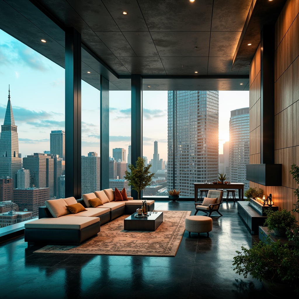 Prompt: Luxurious penthouse, sleek modern architecture, floor-to-ceiling windows, breathtaking cityscape views, sophisticated interior design, rich wood accents, metallic tones, lavish textiles, bold color scheme, deep blues, emerald greens, warm neutrals, golden lighting, soft ambient glow, 3/4 composition, shallow depth of field, realistic renderings.