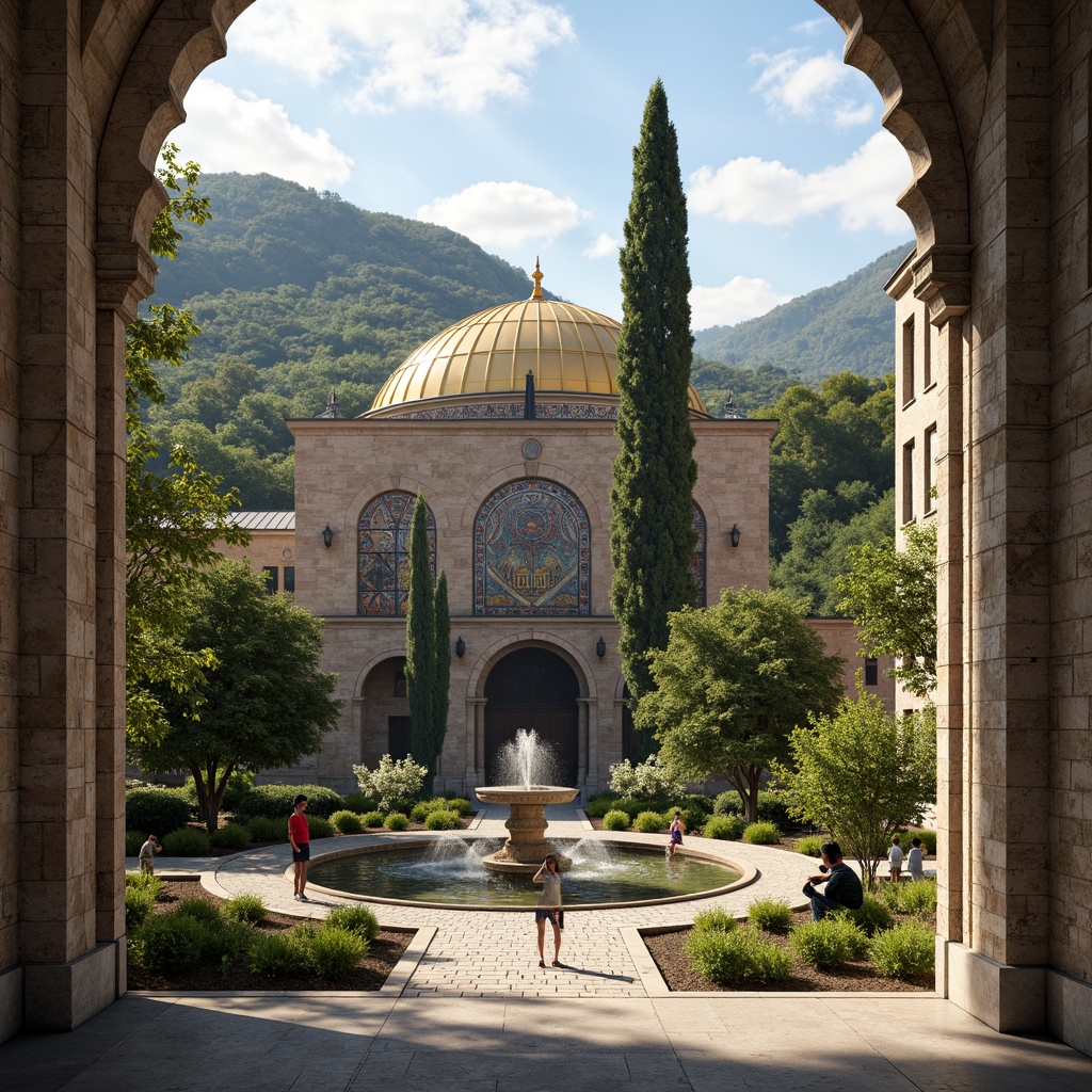 Prompt: Majestic Byzantine monastery, ornate stone carvings, golden domes, intricately patterned mosaics, lush green courtyards, serene water features, tranquil fountain sounds, surrounding rolling hills, cypress trees, scenic mountain views, warm afternoon sunlight, soft diffused shadows, 1/2 composition, atmospheric perspective, realistic rock textures, ambient occlusion.