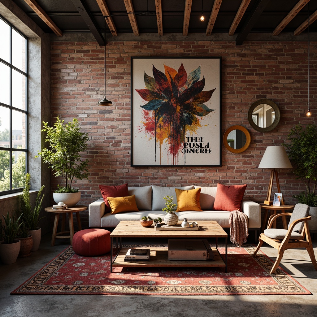 Prompt: Exposed brick walls, distressed wood accents, industrial metal beams, vintage decorative artifacts, rich textiles, eclectic mix of patterns, bold color contrasts, deep reds, burnt oranges, muted yellows, soft blush pinks, weathered blues, rough concrete floors, reclaimed wood furniture, oversized lamps, abstract artwork, ornate mirrors, playful typography, organic shapes, natural light pouring in, warm atmospheric glow, shallow depth of field, 1/1 composition, cinematic lighting, realistic textures.