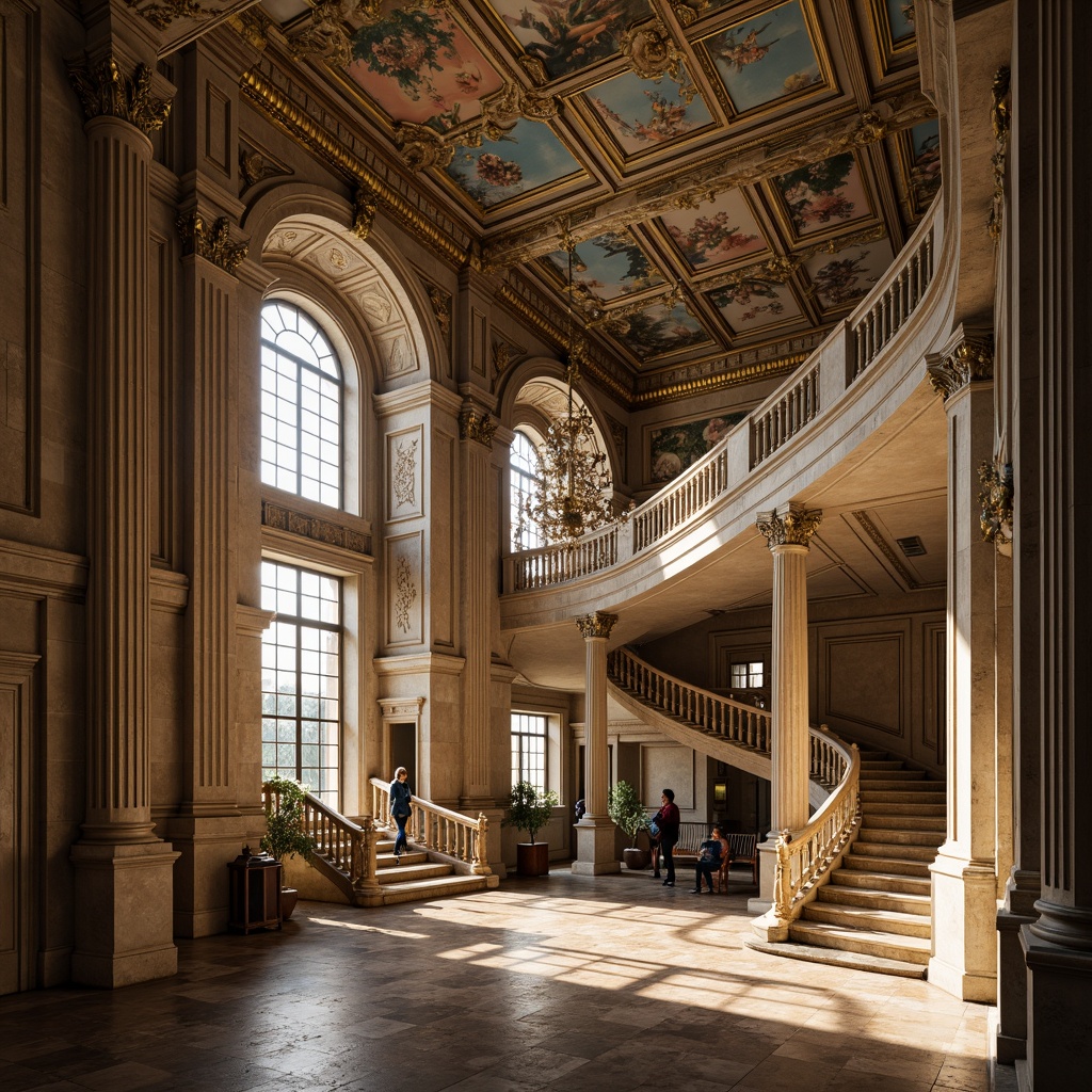 Prompt: Grand Renaissance palace, symmetrical facade, ornate stone carvings, harmonious proportions, classical columns, arches and domes, grand central entrance, sweeping staircases, majestic chandeliers, intricate frescoes, golden accents, marble flooring, high ceilings, dramatic lighting, warm afternoon sun, soft shadows, 1/2 composition, atmospheric perspective, realistic reflections.