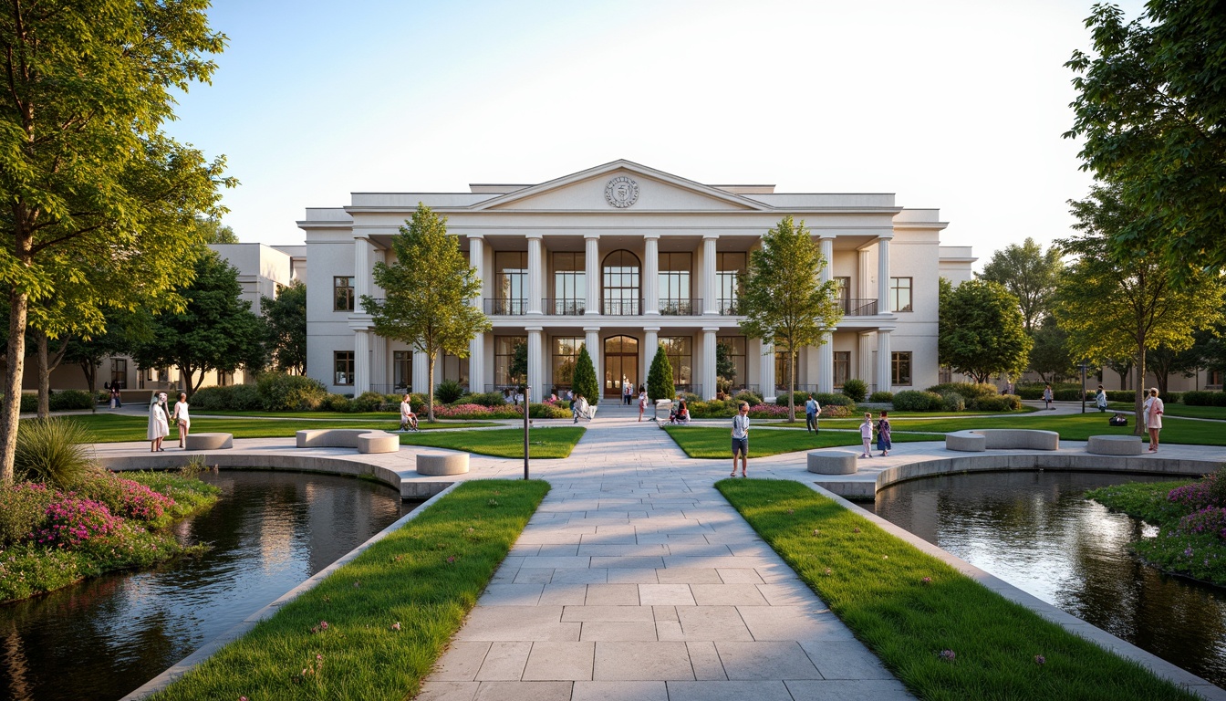 Prompt: Elegant community center, neoclassical architecture, grand entrance, ornate columns, symmetrical fa\u00e7ade, manicured lawns, vibrant flowerbeds, walking paths, serene water features, picturesque bridges, tranquil ponds, lush greenery, natural stone seating areas, decorative street lamps, warm afternoon lighting, shallow depth of field, 1/2 composition, realistic textures, ambient occlusion.