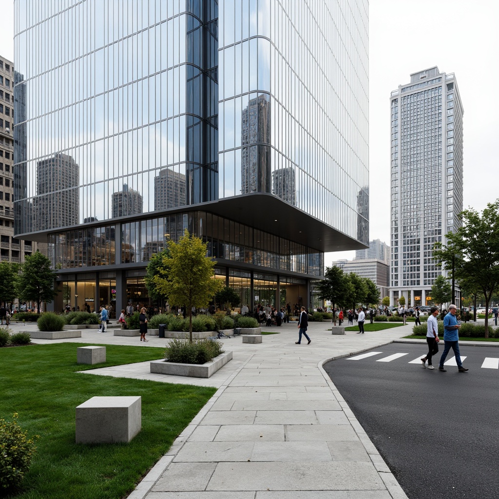 Prompt: Modern international style office building, sleek glass fa\u00e7ade, minimalist landscaping, manicured lawns, geometric planters, ornamental trees, seasonal flower arrangements, clean lines, simple water features, contemporary outdoor furniture, shaded walkways, cantilevered canopies, subtle uplighting, 1/1 composition, neutral color palette, urban cityscape background, busy streets, cosmopolitan atmosphere.