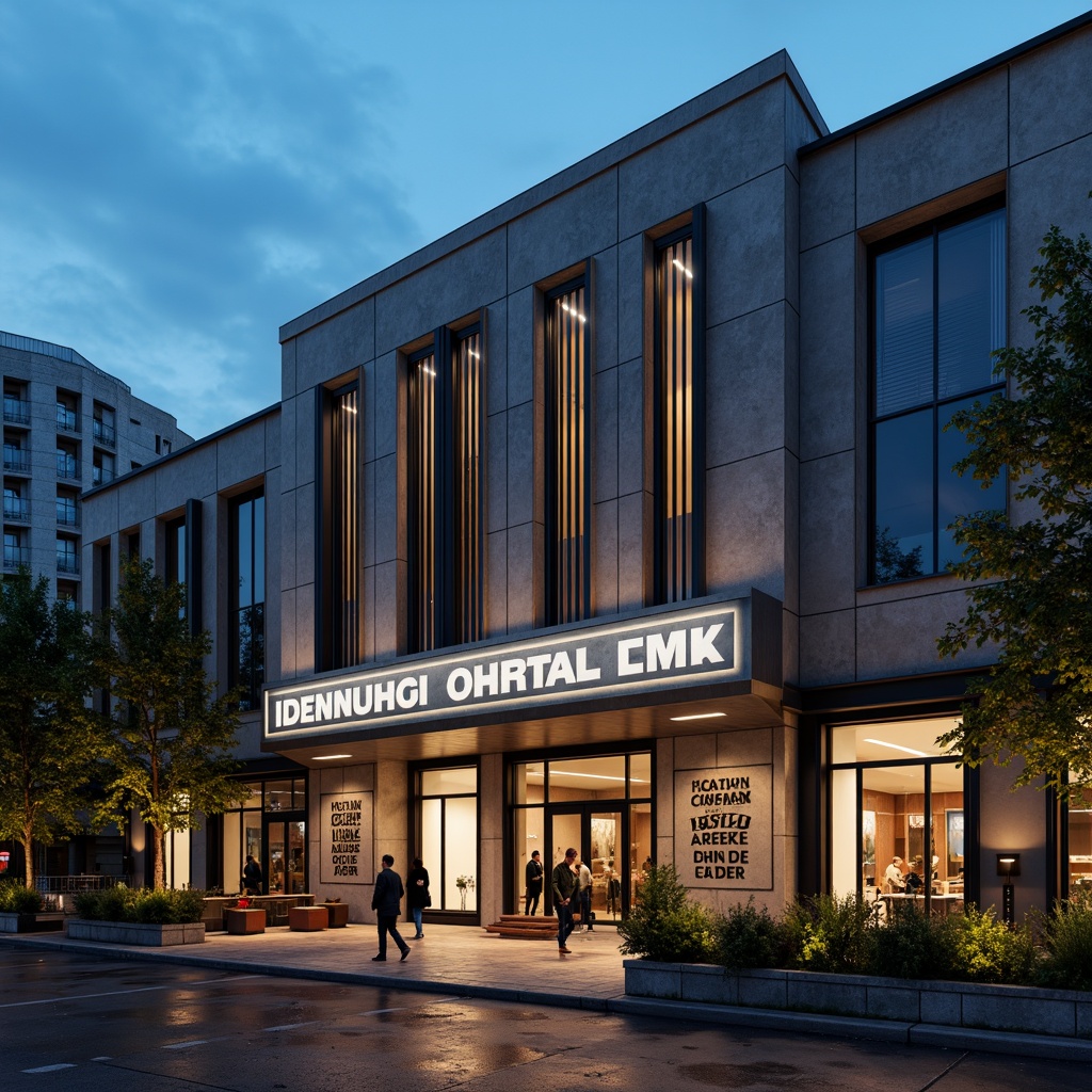 Prompt: Industrial chic cinema exterior, brutalist concrete walls, geometric metal accents, minimalist signage, bold typography, rectangular glass facades, asymmetrical rooflines, functional outdoor seating, urban cityscape, evening twilight atmosphere, dramatic floodlighting, high-contrast shadows, cinematic lens flares, shallow depth of field, 2/3 composition, realistic textures, ambient occlusion.