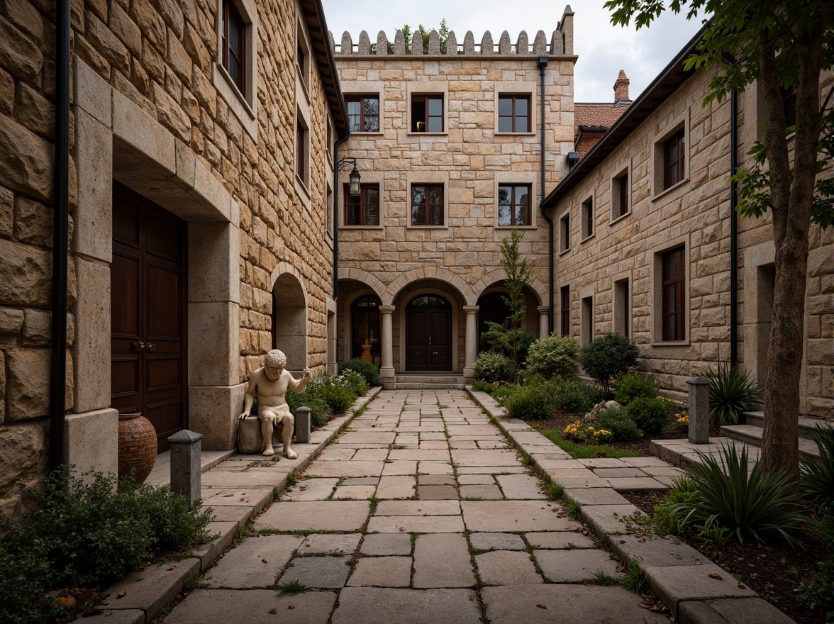 Prompt: Rustic stone walls, intricately carved facades, ornate archways, grandiose entranceways, weathered stone statues, moss-covered pathways, aged brick buildings, classical columns, Romanesque architecture, Tuscan-inspired design, warm earthy tones, natural stone textures, ambient lighting, soft shadows, high-contrast photography, dramatic composition, atmospheric perspective.