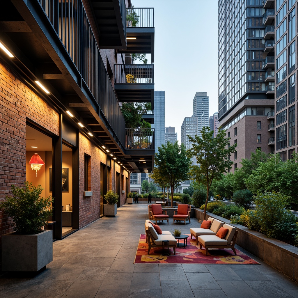 Prompt: Industrial chic loft, exposed brick walls, metal beams, reclaimed wood floors, floor-to-ceiling windows, urban cityscape views, lush green rooftop garden, verdant plants, modern outdoor furniture, cantilevered balconies, steel railings, concrete planters, industrial-style lighting fixtures, warm ambient glow, shallow depth of field, 1/1 composition, cinematic framing, vibrant colorful accents, eclectic decorative elements, artistic sculptures, abstract murals, edgy architectural lines, postmodernist flair.