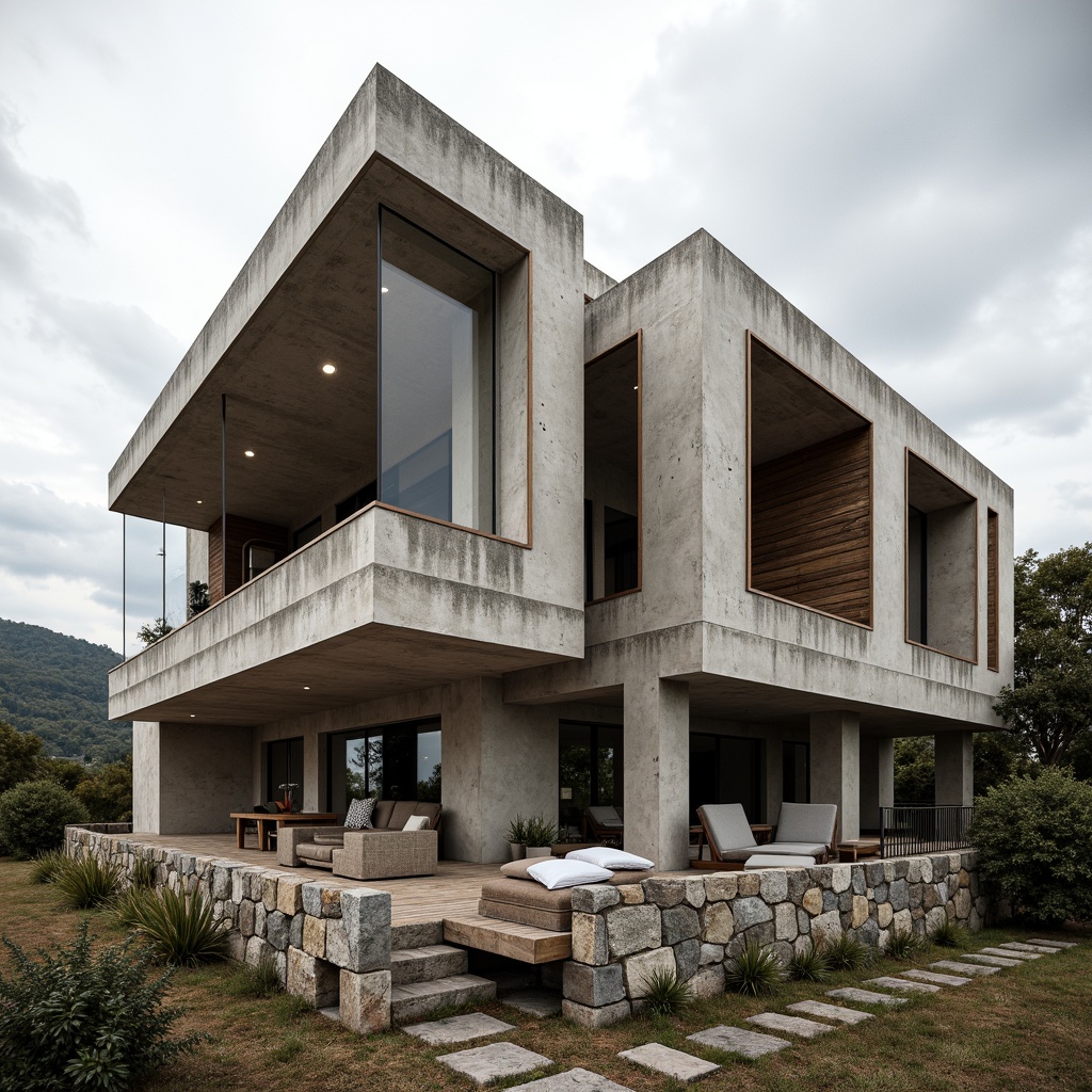 Prompt: Rugged villa exterior, brutalist concrete walls, rough-hewn stone textures, weathered wood accents, industrial metal cladding, raw unfinished surfaces, dramatic cantilevered volumes, angular geometric forms, muted earthy color palette, overcast skies, soft diffused lighting, shallow depth of field, 1/1 composition, realistic material rendering, ambient occlusion.