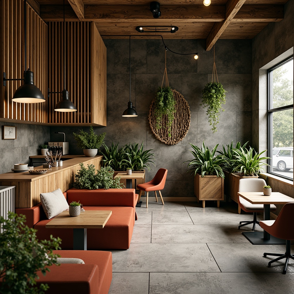 Prompt: Cozy coffee shop, reclaimed wood accents, living green walls, natural stone flooring, eco-friendly materials, recycled metal decor, energy-efficient lighting, minimalist interior design, organic textiles, earthy color palette, warm inviting atmosphere, soft diffused lighting, shallow depth of field, 1/1 composition, realistic textures, ambient occlusion.