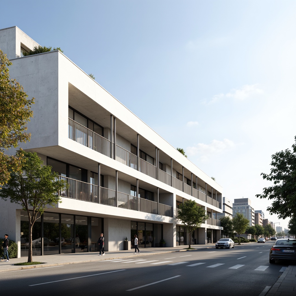 Prompt: Minimalist building facade, clean lines, flat roofs, monochromatic color scheme, industrial materials, exposed concrete walls, steel frames, floor-to-ceiling windows, sliding glass doors, subtle texture variations, urban cityscape, modern infrastructure, busy streets, morning sunlight, soft shadows, 1/1 composition, realistic reflections, ambient occlusion.