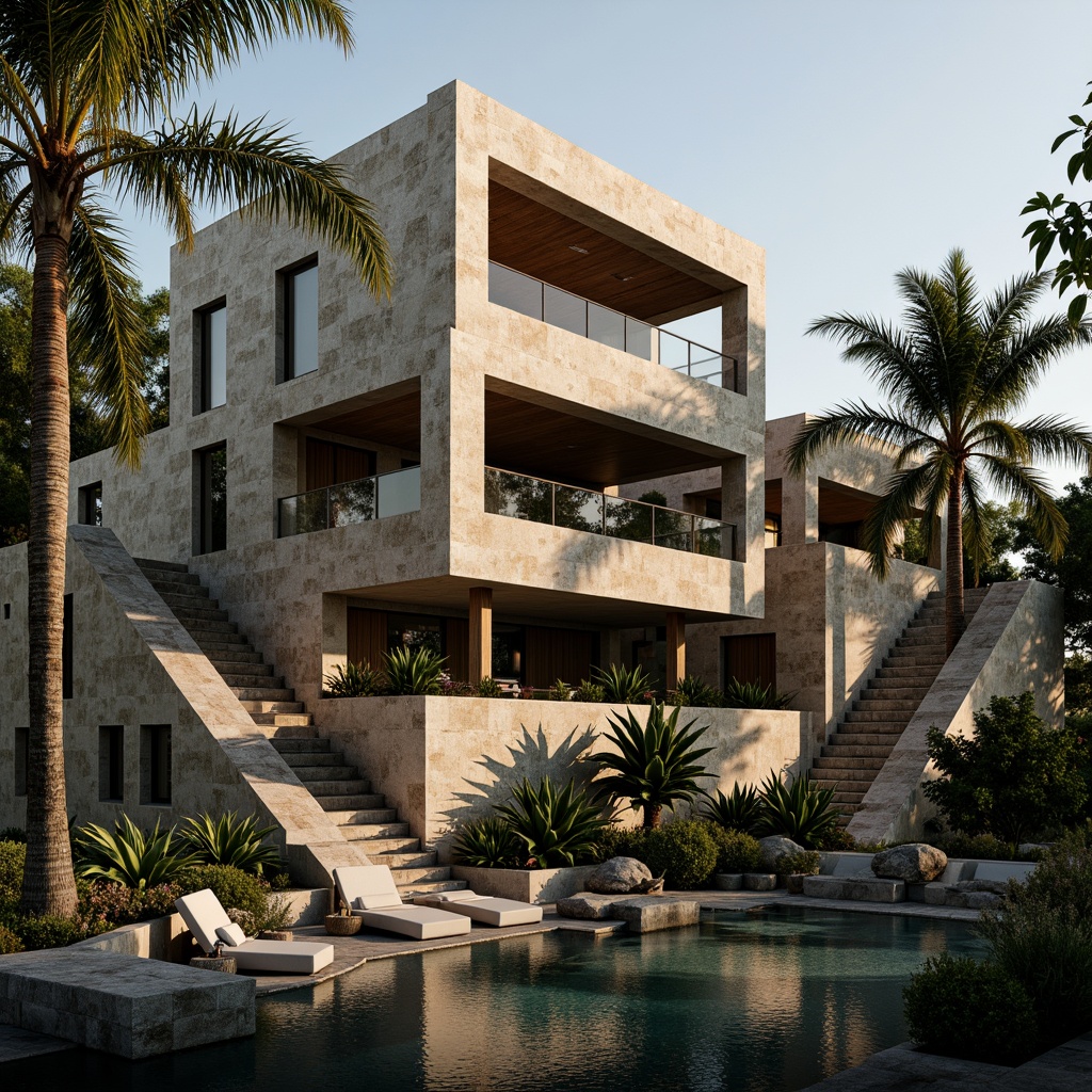 Prompt: Rugged villa, brutalist architecture, rough-hewn stone walls, angular concrete forms, industrial metal accents, earthy tone color palette, warm beige stucco, cool grey concrete, rich brown wood tones, vibrant greenery, lush tropical plants, dramatic lighting effects, high contrast shadows, moody ambiance, cinematic atmosphere, bold geometric patterns, textured renderings, 3D modeling, atmospheric perspective, dynamic composition.