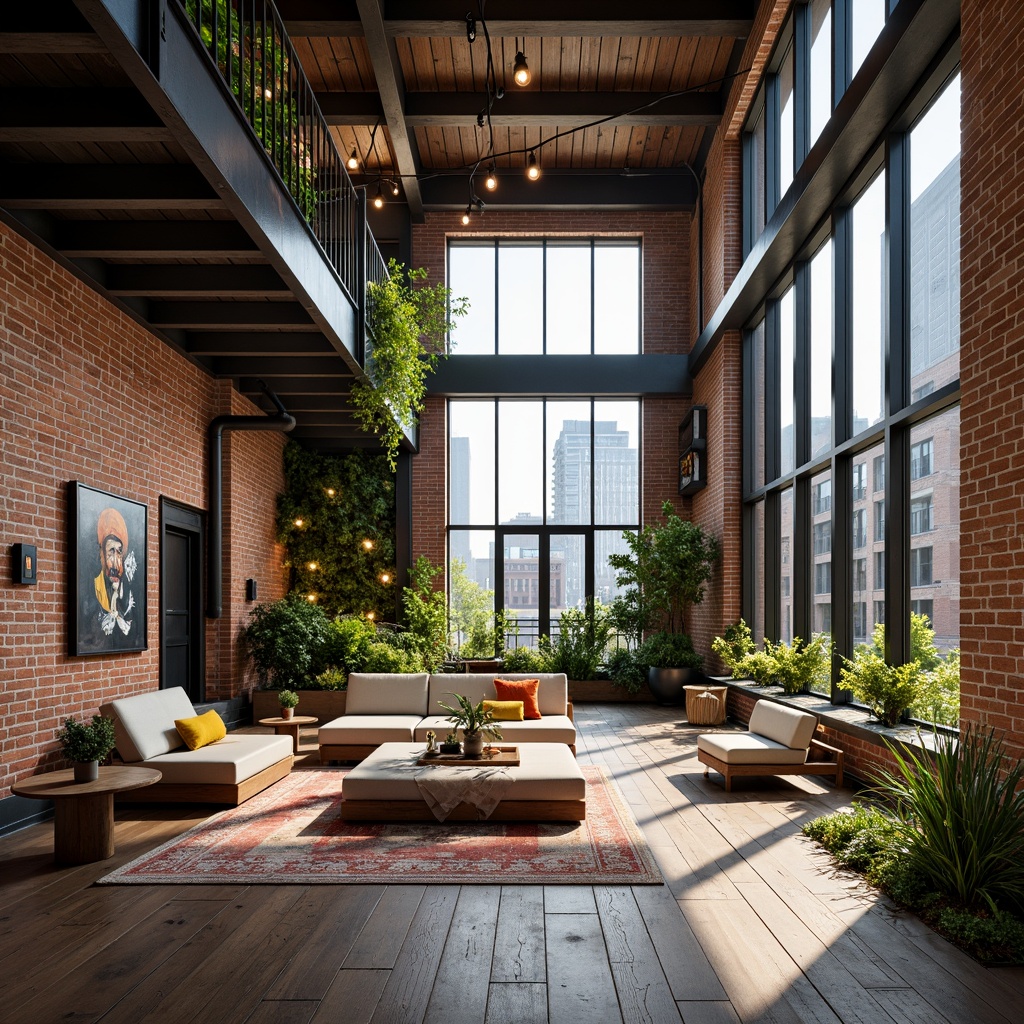 Prompt: Industrial chic loft interior, exposed brick walls, reclaimed wood floors, steel beams, minimalist decor, modern postmodernist style, floor-to-ceiling windows, sliding glass doors, urban cityscape views, lush greenery, living walls, vertical gardens, outdoor seating areas, metal railings, Edison bulb lighting, industrial metal staircase, open-plan living space, eclectic art pieces, vibrant colorful accents, natural textiles, abstract geometric patterns, warm atmospheric lighting, shallow depth of field, 1/1 composition, realistic textures.